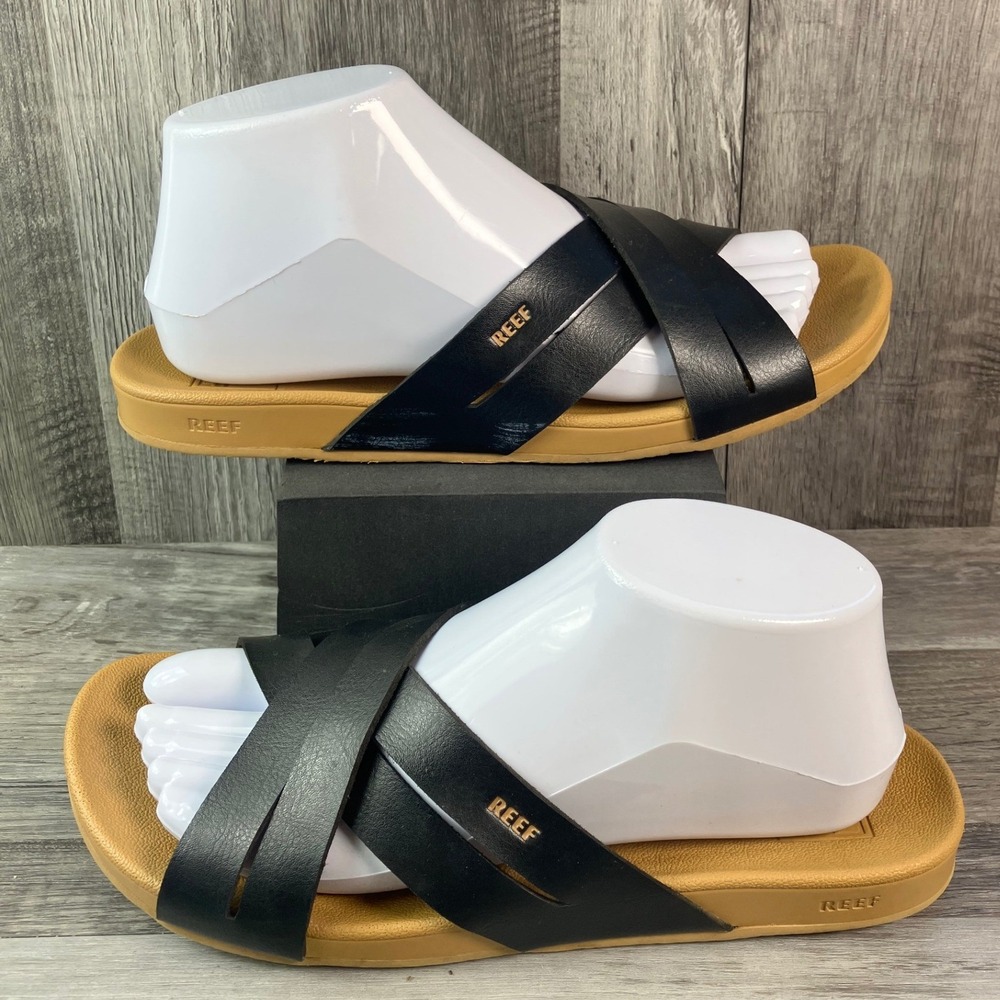 Reef Cushion Spring Bloom Black Vegan Leather Cross Strap Slides Womens 8.5